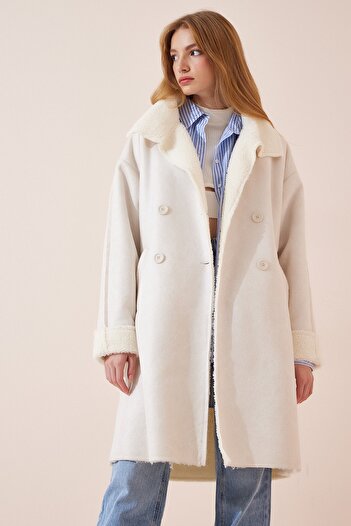 Happiness İstanbul Women's Bone Faux Fur Suede Coat DD01148