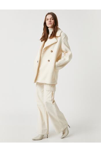 Koton Short Double Breasted Plush Coat with Pockets