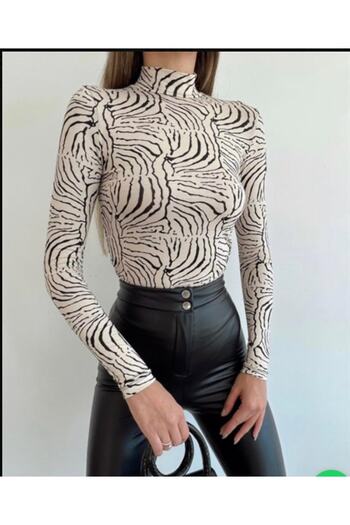 laughs Women's Slim Long Sleeve Patterned Half Turtleneck Blouse Blz2280