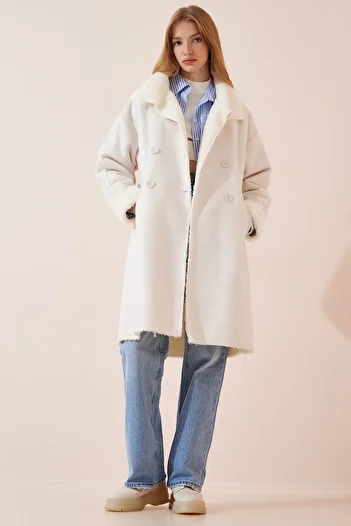 Happiness İstanbul Women's Bone Faux Fur Suede Coat DD01148