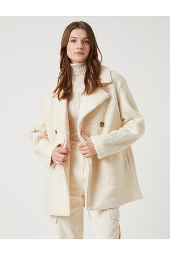 Koton Short Double Breasted Plush Coat with Pockets