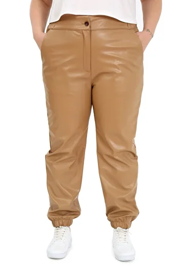 DISENTIS MODEST Plus Size Beige Leather Trousers with Elastic Waist and Side Pockets and Elastic Legs
