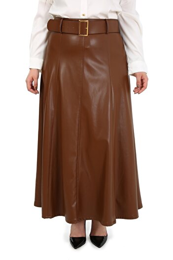DISENTIS MODEST Large Size Long Brown Leather Skirt with Belt