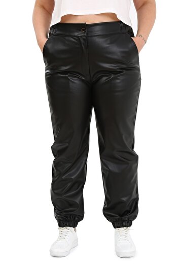 DISENTIS MODEST Plus Size Black Leather Trousers with Elastic Waist and Side Pockets and Elastic Legs