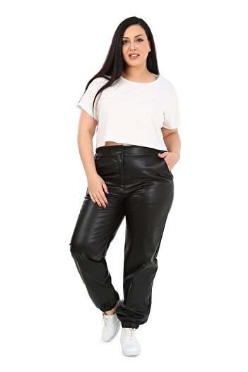 DISENTIS MODEST Plus Size Black Leather Trousers with Elastic Waist and Side Pockets and Elastic Legs
