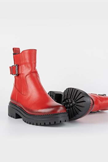TUNAELLİ Kadın Kırmızı Hakiki Doğal Deri 35-41 Numara Bot & Bootie