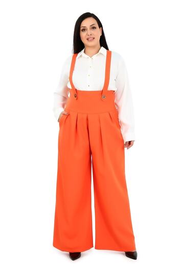 DISENTIS MODEST Large Size Wide Leg Orange Trousers with Pleated Front Pockets and Straps and Button Detail