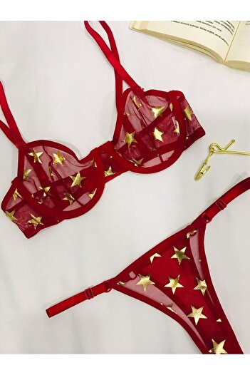 mendoza store Embroidery Red Color Yellow Star Patterned Glittery Lace Impressive Thong Bra Set