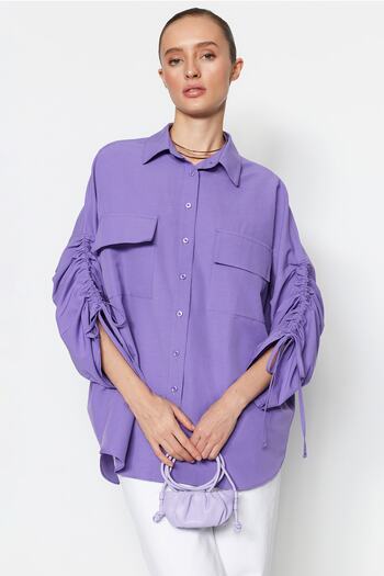 Trendyol Modest Μωβ μανίκια με ρυθμιζόμενο κορδόνι με λεπτομερή υφασμένο βαμβακερό πουκάμισο TCTSS23TG00011