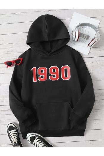 Mythologie Φούτερ τσέπες καγκουρό με στάμπα Unisex Oversize Μαύρη κουκούλα 1990