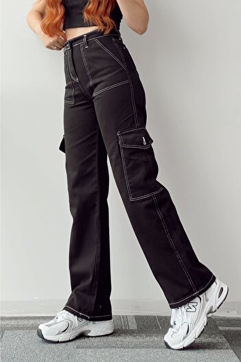 LİMABEL Women's High Waist Cargo Pocket White Stitched Jeans Black Cargo Pocket Palazzo