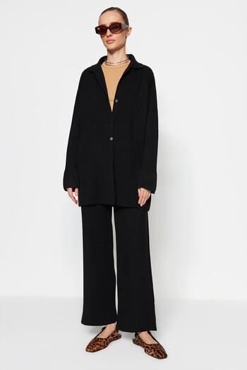 Trendyol Modest Μαύρο Σετ Ζακέτα και Παντελόνι Πλεκτά - Σχιστό Λεπτομέρεια TCTAW23US00028