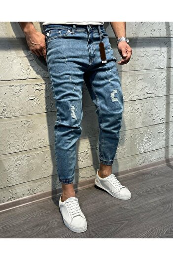 Oliggopol Men's Blue Lycra Boyfriend Jogger Jeans with Elastic Legs