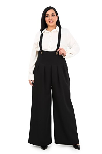 DISENTIS MODEST Large Size Front Pleated Pocket Strap Button Detailed Wide Leg Black Trousers