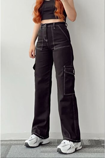 LİMABEL Women's High Waist Cargo Pocket White Stitched Jeans Black Cargo Pocket Palazzo