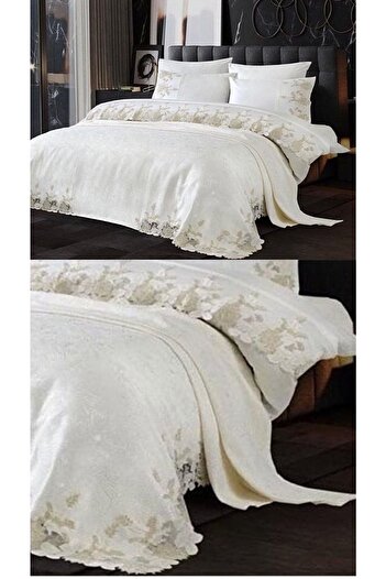 Çeyiz Bahçesi Lavin 7 Pieces Bridal Set Double 100% Cotton Fabric with French Laces