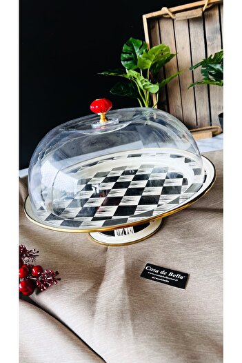CASA DE BELLA Enamel Footed Checkerboard Patterned Cake Jar