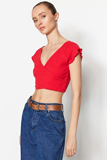 Trendyol Collection Red Crop Ribbed Double Breasted Collar Cotton Stretchy Knitted Blouse TWOSS23BZ00130