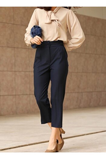 ZARAZA Women's Navy Blue High Waist Epaulet Trousers