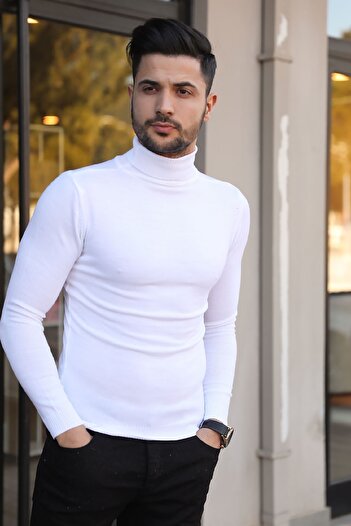 Factor Men's White Turtleneck Plain Knitwear Sweater F7646