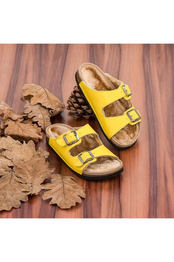 Moosefield Genuine Leather Yellow Furry Slippers