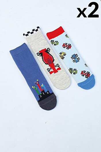 MEM SOCKS Комплект от 6 детски чорапи до глезена с шарка на състезателни мотиви