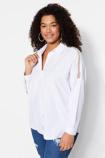 Trendyol Curve Cămașă albă oversize țesută cu detaliu dungi pe umeri