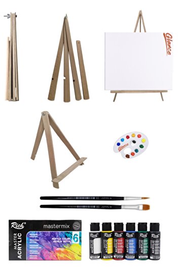GLANCE Açılır Kapanır Katlanır Mini Şövale 25x35 Tuval Rich Mastermix Akrilik Boya 6lı 60cc Başlangıç Seti.