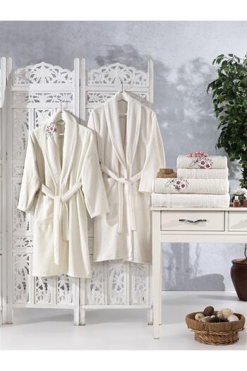 ELVİRAHOME 100% Cotton 3D Embroidery 6 Piece Family Bathrobe Set, Bathrobe Set, Dowry Set
