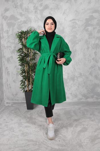 Aranlı tekstil Belted Women's Hijab Coat with Gathered Sleeves