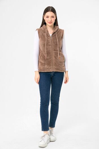 EtkiModa Γυναικείο βελούδινο αμάνικο γιλέκο με κουκούλα βιζόν