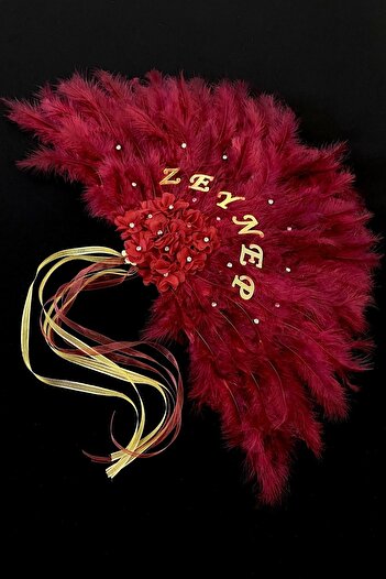 ZEYMERADE Bordo Gelin Yelpazesi, Bekarlığa Veda Partisi, Bride To Be, Nedime, Kına Gecesi, Ahşap Tüylü Yelpaze