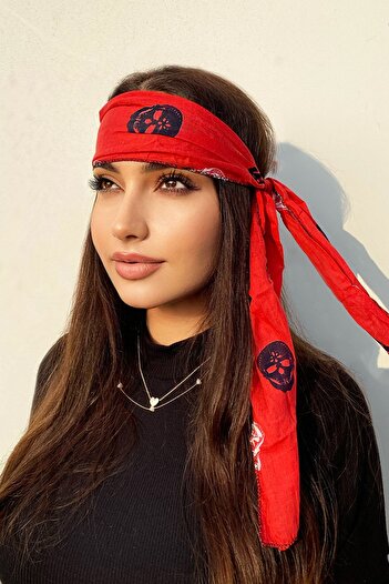 TAKIŞTIR Red Color Skull Patterned Unisex Scarf