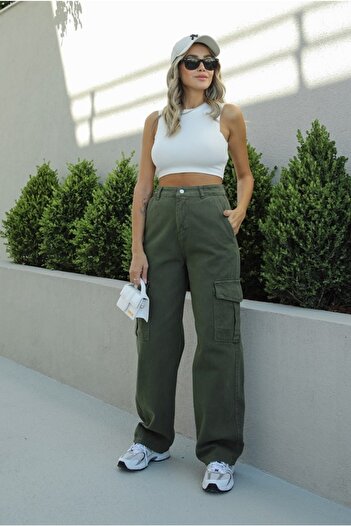 LAMİRA High Waist Wide Leg Khaki Cargo Pocket Loose Palazzo Trousers