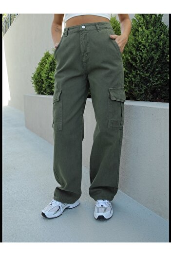 LAMİRA High Waist Wide Leg Khaki Cargo Pocket Loose Palazzo Trousers