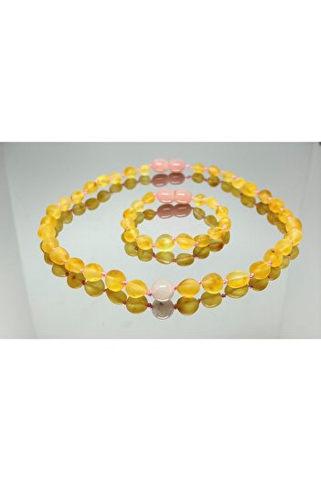 Kotryna Damla Kehribar Pembe Kuvarslı Mat Limon Bebek Kolye Bileklik Set