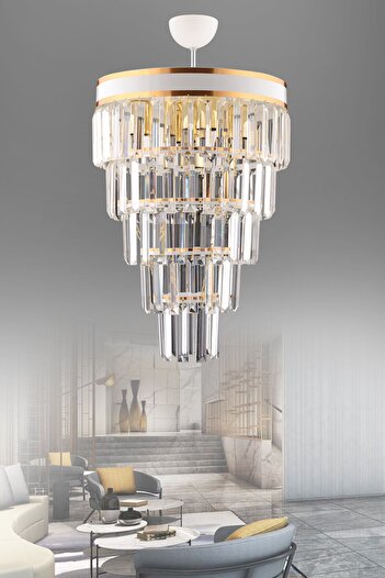 KUZEY AYDINLATMA Çağla 6 Lı Beyaz Beş Katlı Modern Kristal Avize