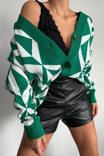 vuvutasarım New Season Oversize Geometric Patterned Double Color Button Detailed Knitwear Cardigan 0136