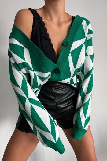 vuvutasarım New Season Oversize Geometric Patterned Double Color Button Detailed Knitwear Cardigan 0136