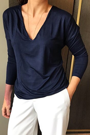 BASIC&CO Vogue-ls Navy Blue V-Neck Viscose Blouse