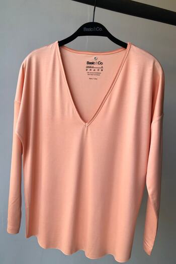 BASIC&CO Vogue-ls Powder Color V-neck Viscose Long Sleeve T-shirt