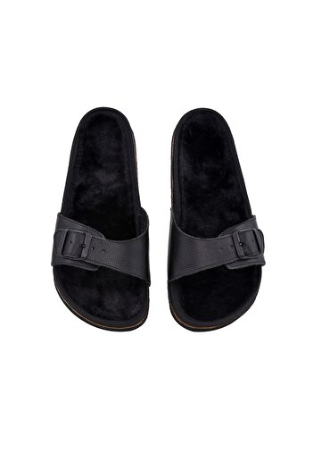 Moosefield Genuine Leather Black Furry Slippers