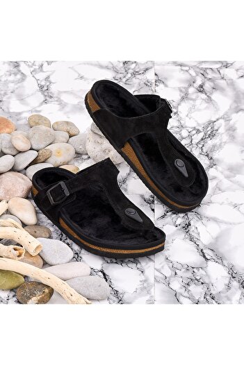 Moosefield Black Genuine Leather Furry Slippers