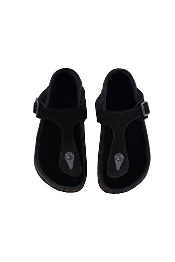 Moosefield Black Genuine Leather Furry Slippers