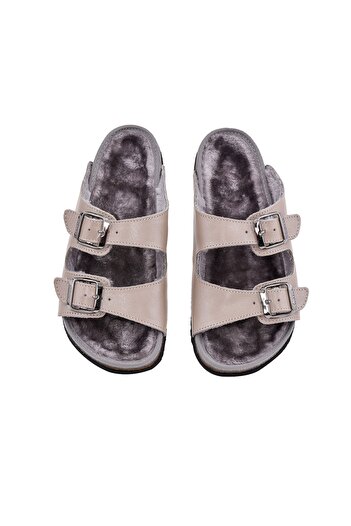Moosefield Genuine Leather Beige Furry Slippers