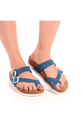Moosefield Genuine Leather Blue Women's Slippers