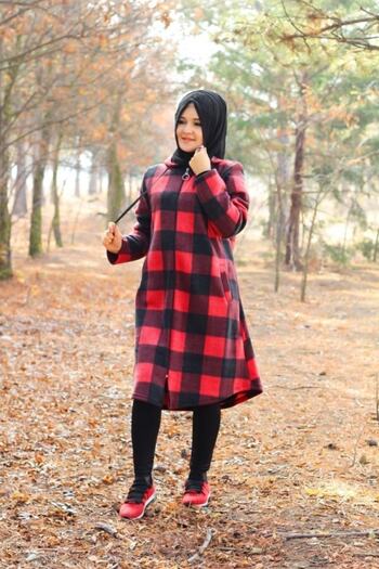 Aşkı Endam Plus Size Hooded Zippered Fleece Cap - Red Plaid