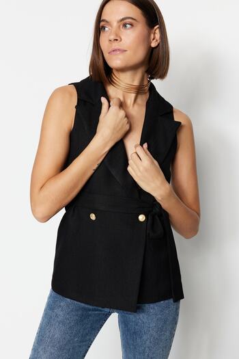 Trendyol Collection Black Regular Belted Woven Vest TWOAW23YE00021