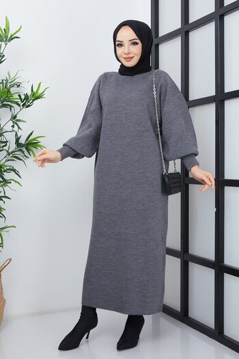Pamuk Butik Γυναικείο πλεκτό φόρεμα με μανίκια από ανθρακί Hijab