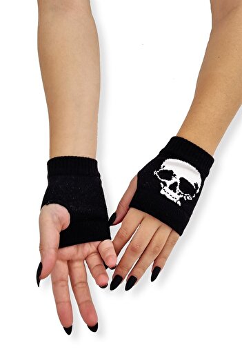 İYİ MODA Plain Black Cut Finger Double Skull Short Sleeve Gloves